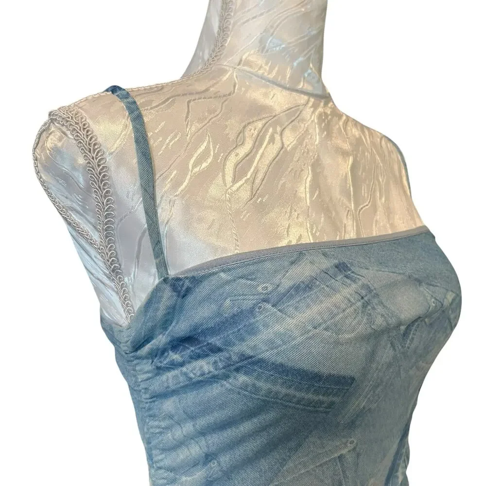 Good American Denim Print Stretch Midi Dress Ruched Coquette Size 1 - Picture 10 of 15
